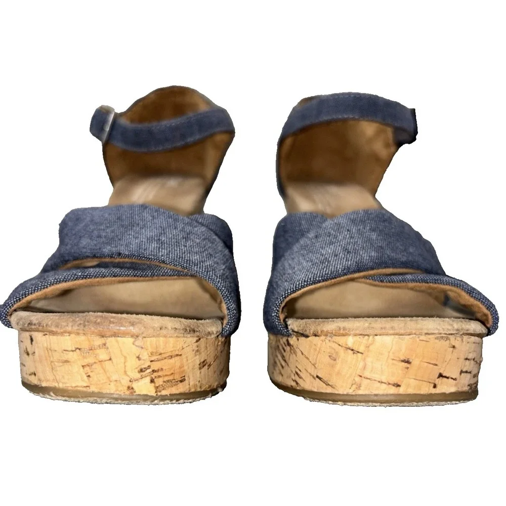 TOMS Sienna Cork Wedge Sandal Women Size 10 Blue Denim Strappy Open Toe Buckle